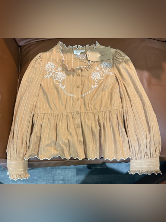 Listicle Tops - Listicle Pecan-Striped Embroidered Peasant Top